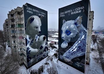 Российско-китайский мурал с изображением медведей засняли с высоты птичьего полета Российско-китайский мурал с изображением медведей засняли с высоты птичьего полета