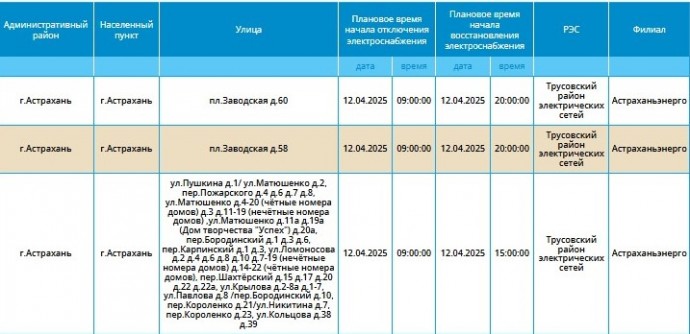 12 апреля отключат свет некоторым жителям Астрахани