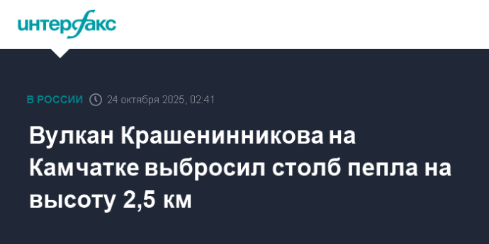 Вулкан Крашенинникова на Камчатке выбросил столб пепла на высоту 2,5 км