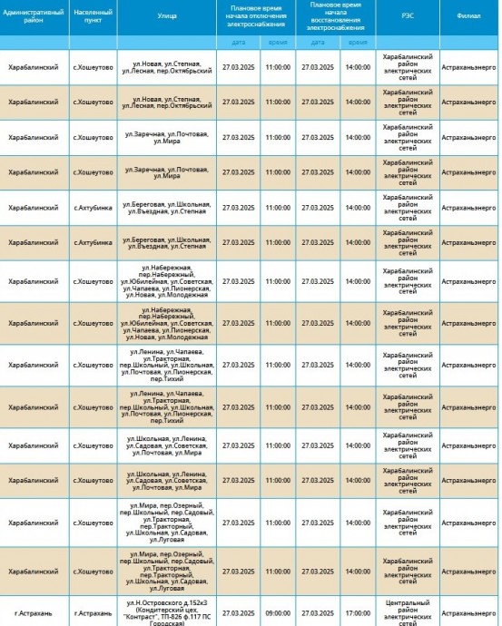 27 марта массово отключат свет жителям Астрахани харабалинцам