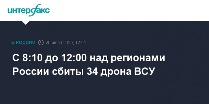 С 8:10 до 12:00 над регионами России сбиты 34 дрона ВСУ