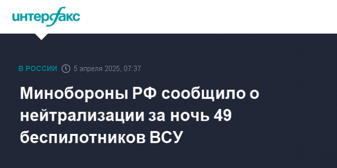 Минобороны РФ сообщило о нейтрализации за ночь 49 беспилотников ВСУ
