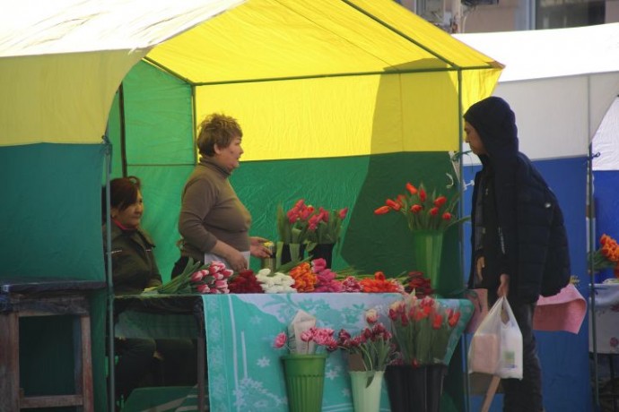 За сколько продают тюльпаны и мимозы в уличных палатках Астрахани