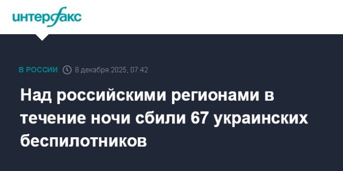 Над российскими регионами в течение ночи сбили 67 украинских беспилотников