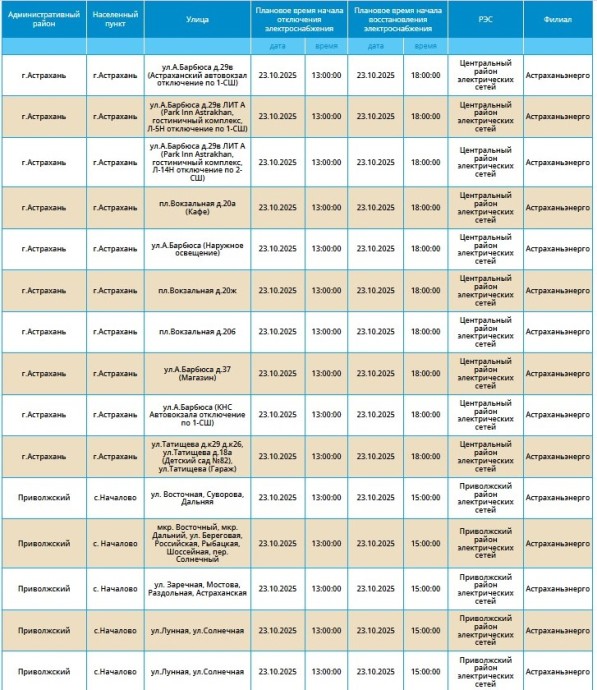 23 октября массовое отключение света затронет более 100 улиц Астрахани