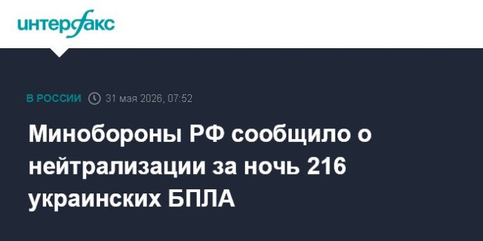 Минобороны РФ сообщило о нейтрализации за ночь 216 украинских БПЛА