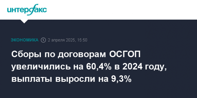 Сборы по договорам ОСГОП увеличились на 60,4% в 2024 году, выплаты выросли на 9,3%