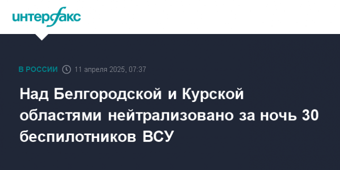 Над Белгородской и Курской областями нейтрализовано за ночь 30 беспилотников ВСУ