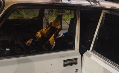Выгорели "Жигули": появились кадры с места пожара на трассе в Долинском районе