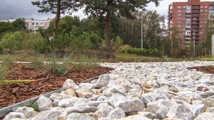 В Калининском районе открыли новый сквер с прудом и сенсорным садом