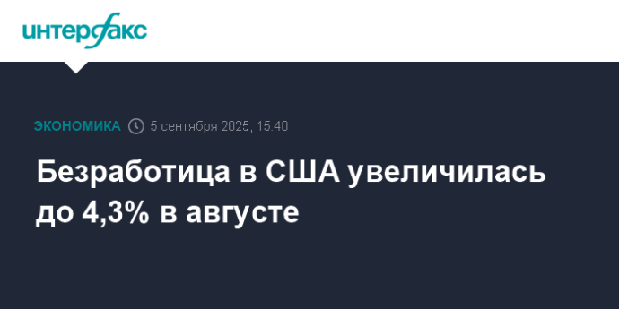 Безработица в США увеличилась до 4,3% в августе