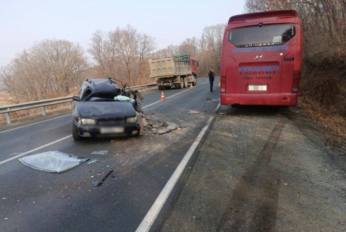 Автомобиль вылетел на встречку и столкнулся с рейсовым автобусом в Приморье