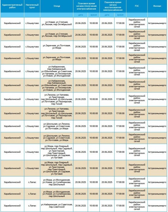 20 июня отключат свет жителям Астрахани и северных районов