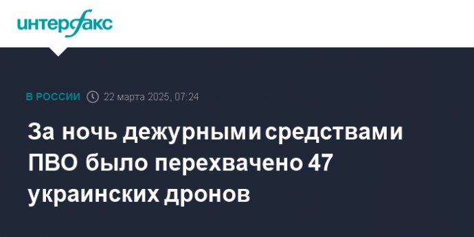 За ночь дежурными средствами ПВО было перехвачено 47 украинских дронов