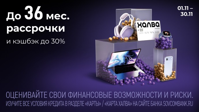 «Черная пятница с «Халвой» от Совкомбанка: розыгрыш 3 млн рублей, кэшбэк до 30%, рассрочка до 36 месяцев и подарки от партнеров «Черная пятница с «Халвой» от Совкомбанка: розыгрыш 3 млн рублей, кэшбэк до 30%, рассрочка до 36 месяцев и подарки от партнеров