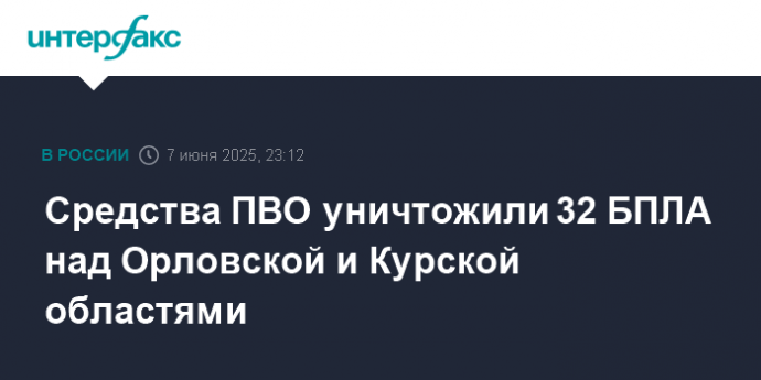 Средства ПВО уничтожили 32 БПЛА над Орловской и Курской областями