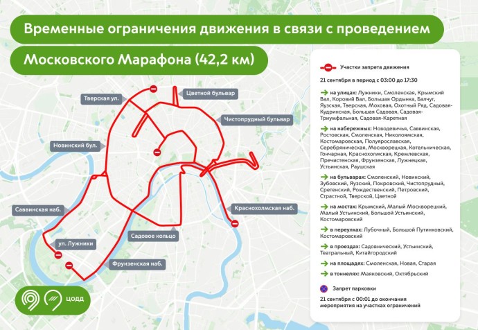 20 и 21 сентября более 60 улиц и набережных перекроют для проведения Московского марафона