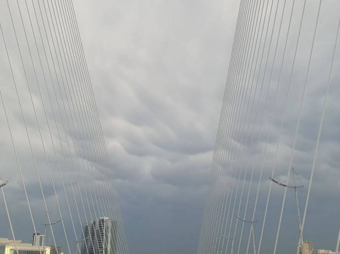 Вымеобразные облака украсили небо над Золотым мостом во Владивостоке Вымеобразные облака украсили небо над Золотым мостом во Владивостоке