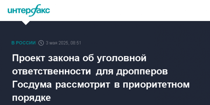 Проект закона об уголовной ответственности для дропперов Госдума рассмотрит в приоритетном порядке