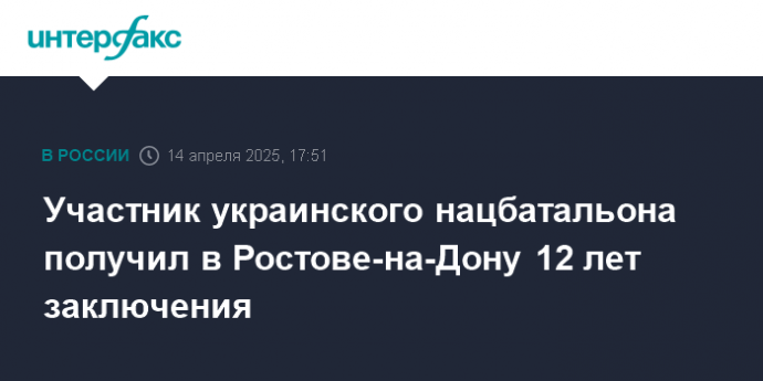 Участник украинского нацбатальона получил в Ростове-на-Дону 12 лет заключения