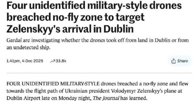 Точно рассчитано: Борт Зеленского в аэропорту Дублина преследовали 4 боевых дрона Точно рассчитано: Борт Зеленского в аэропорту Дублина преследовали 4 боевых дрона