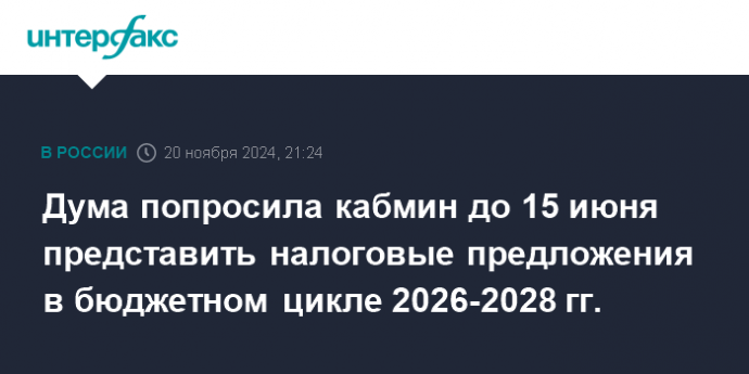 Дума попросила кабмин до 15 июня представить налоговые предложения в бюджетном цикле 2026-2028 гг.